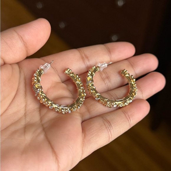 Gold Women's Hoop Earrings with Rhinestones - Picture 5 of 6